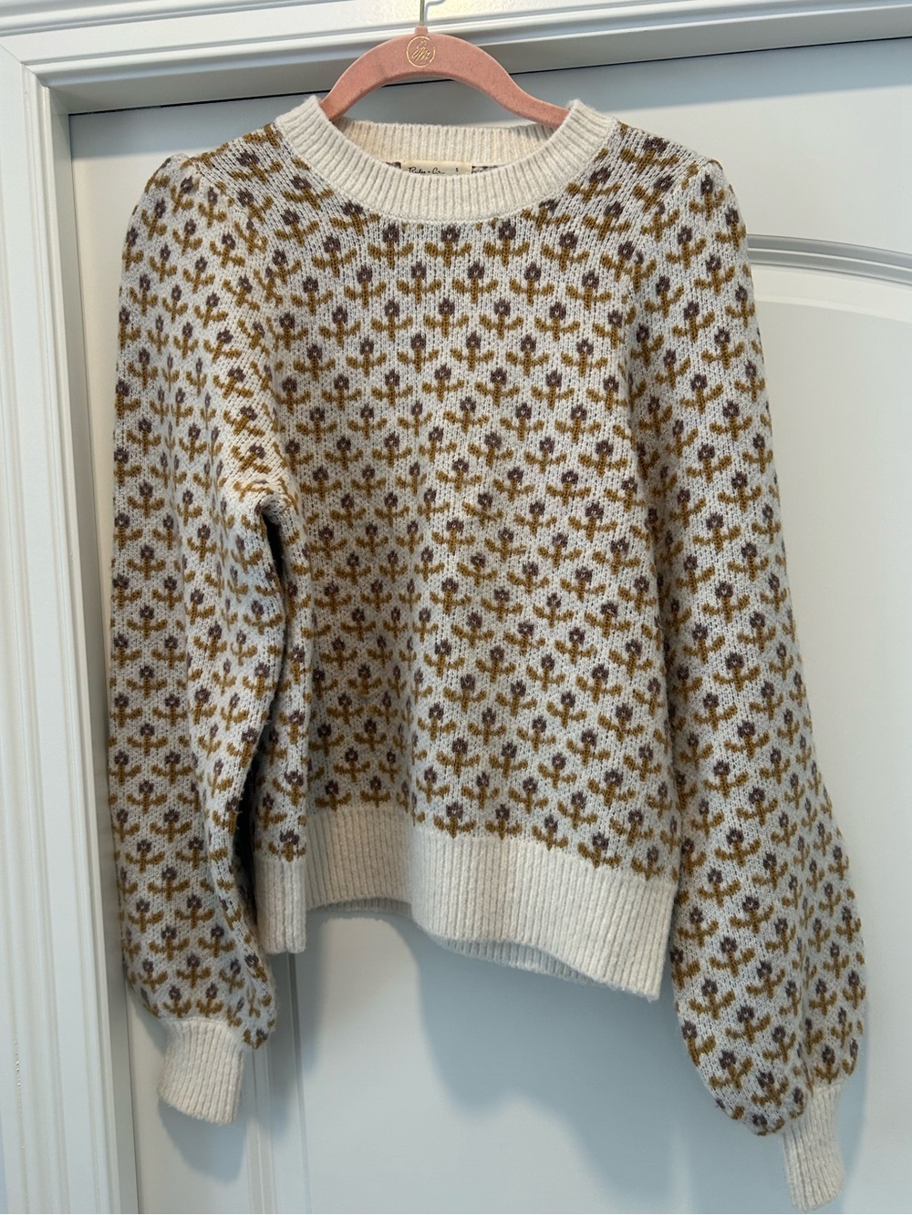 Rylee + Cru Women's Cream and Brown Patterned Crewneck Sweater